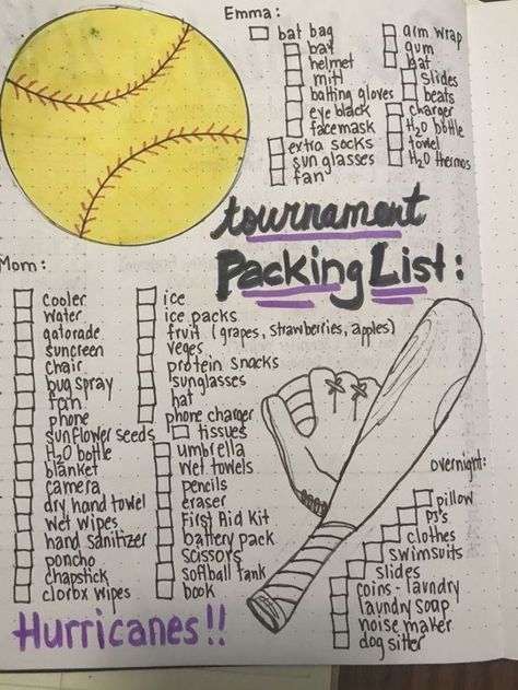 Softball Tournament Packing List Softball Camp Ideas, Team Bonding Activities Softball, Softball All Star Ideas, Things You Need For Softball, Softball Tournament Snacks, Softball Tournament Food Ideas, Softball Equipment List, Softball Tournament Packing List, Travel Softball Must Haves