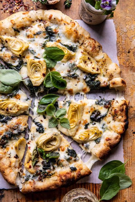 Spinach and Artichoke Pizza with Cheesy Bread Crust. Spinach Artichoke Pizza, Bread Crust, Parmesan Pizza, Artichoke Pizza, Half Baked Harvest Recipes, Bacon Pizza, Naan Pizza, Garlic Herb Butter, Cheesy Bread