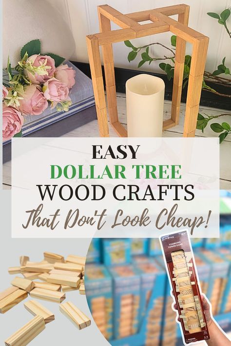 Here are 4 quick and stunning Dollar Tree wood crafts using Tumbling Tower Blocks. You wont believe the transformation. From crafting a rustic trays and chic riser to assembling a breathtaking wooden lantern and frame. The possibilities are endless! #dollartree #dollartreediy #diyhomedecor What To Do With Jenga Blocks, Small Jenga Block Crafts Diy Dollar Tree, Dollar Tree Wooden Blocks Diy, Jenga Block Candle Holder, Jenga Block Lantern Diy, Diy Jenga Blocks Ideas Crafts, Jenga Lantern Diy, Dollar Tree Jenga Crafts, Dollar Tree Block Crafts