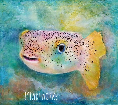 Puffer Fish Painting, Fish Art Painting, Blow Fish, Fish Acrylic, Learn Watercolor Painting, Texture Canvas, Sea Life Art, Learn Watercolor, Puffer Fish