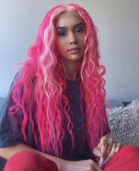 Empress Crown, Curly Pink Hair, Lush Hair, Gemini Hair, Long Pink Hair, Two Toned Hair, Airbrush Designs, Multi Colored Hair, Neon Hair