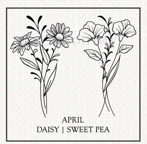 April Birth Flower Sweet Pea, Sweet Pea Drawing Tattoo Ideas, Birth Flower Profile Tattoo, Sweetpea Tattoo Black And White, Daisy And Sweet Pea Flower Tattoos, April Birth Flower Drawing, April Flower Drawing, April Birth Month Flower Tattoo, April Birth Flower Tattoo Daisies Sweet Peas