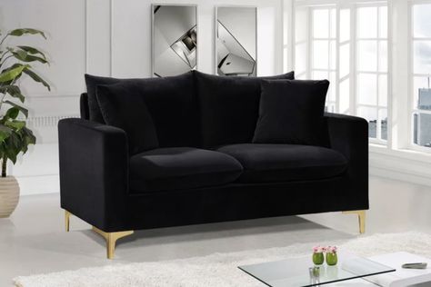 Black Loveseat, Black Velvet Sofa, Contemporary Loveseat, Black Velvet Fabric, Velvet Loveseat, Black Living Room, Living Room Sofa Design, Deep Seat Cushions, Meridian Furniture