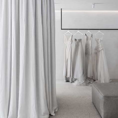 Bridal Shop Interior Design, Bridal Shop Interior, Bridal Shop Ideas, Bridal Boutique Interior, Mariana Hardwick, White Linen Curtains, Retail Store Design, Boutique Interior, Studio Interior