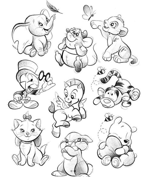 Disney Filler Tattoo Ideas Gap, Disney Images Clip Art, Small Character Tattoos, Disney Animals Tattoo, Disney Sketch Ideas, Disney Animal Tattoos, Disney Animals Drawings, Cartoon Animal Tattoos, Cute Disney Animals