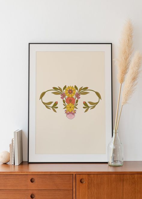 Floral Uterus Wall Art | Uterus Art Print | Floral Uterus Digital Print | Instant Download | Printable Wall Art | 8x10, 18x24, and 24x36 This is a poster print of a floral uterus illustration on a cream background. Uterus Tattoo Ideas, Uterus Drawing, Abstract Uterus Tattoo, Floral Uterus Tattoo, Uterus Flowers, Midwife Tattoo, Uterus Illustration, Uterus Tattoo, Uterus Painting