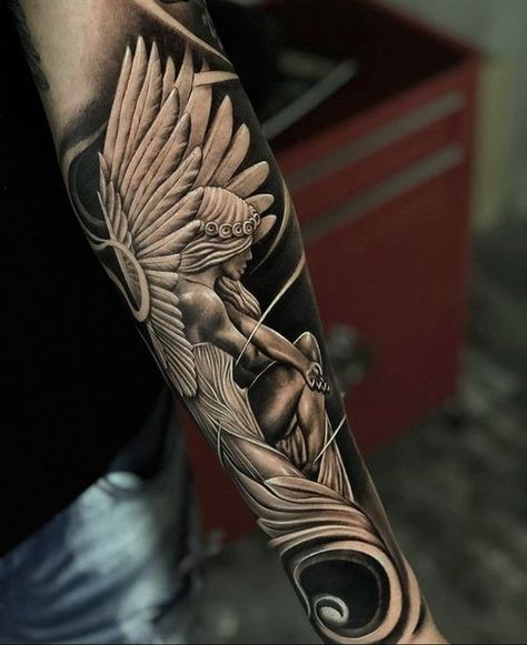 Explore 2024's Top Angel Man Tattoo Designs - Ink with Meaning Angel Leg Tattoo Men, Angel Tattoo Sleeve, Guardian Angel Tattoo For Men, Angel Sleeve Tattoo, Angel Warrior Tattoo, Man Tattoos, Lace Sleeve Tattoos, Wing Tattoo Men, Spiritual Tattoo