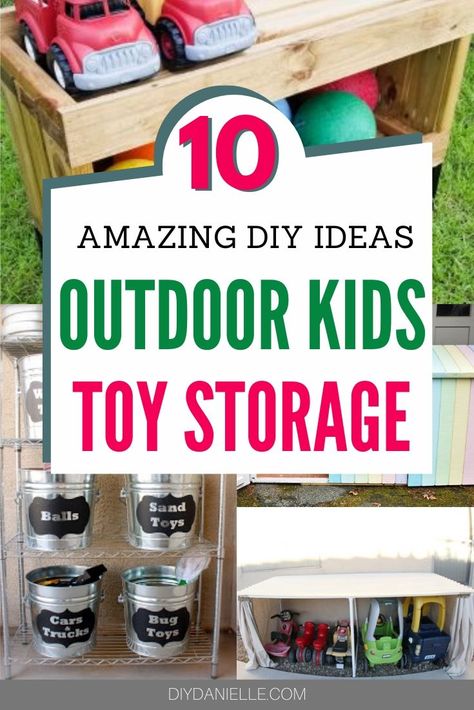 Organize outdoor toys with these fantastic DIY outdoor toy storage ideas! I HATE having kids toys all over my lawn so having a spot for everything is really important to me! #organization #toys #kids How To Organize Outdoor Toys, Outdoor Toy Storage Ideas, Diy Pretend Play, Pretend Play Grocery Store, Diy Outdoor Toys, Outdoor Toy Storage, Play Grocery Store, Toy Storage Ideas, Organize Kids