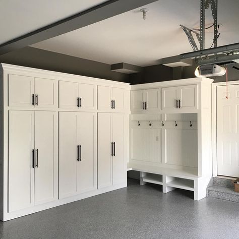 Vintage Garage Storage, Laundry And Fridge In Garage, Garage Work Station Ideas, Garage Turned Into Mudroom, White Garage Cabinets, Garage Enclosure Ideas, Pantry In Garage Ideas, Garage Den Ideas, Built In Garage Storage