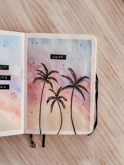 Bujo Art Page, Flamingo Bullet Journal, June Bullet Journal Cover Aesthetic, Bujo June Theme, Bujo Flip Through, Sunset Bullet Journal, Journal Flip Through, Art Cover Page, June Bullet Journal Cover