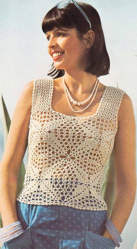 1970s Boho Summer Top VINTAGE CROCHET PATTERN by GrannyTakesATrip Yarn Weight Chart, Patron Vintage, Tank Top Pattern, Mercerized Cotton Yarn, Vintage Crochet Pattern, Crochet Vintage, Crochet Inspo, Motif Vintage, Vintage Knitting Patterns