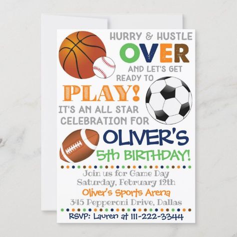 Sports Party Invitation Sport Birthday Sports 3rd Birthday Party For Boy, Sports Party Invitations, Basketball Invitations, Sport Birthday, Free Invitation Cards, Sports Birthday Invitations, Football Invitations, Sports Theme Birthday, Sports Birthday Party