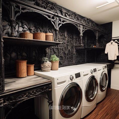 Gorgeous modern Gothic laundry room in black and white. Moody Bathroom Laundry Room, Victorian Gothic Farmhouse, Goth Mudroom, Emo Farmhouse, Goth Laundry Room, Gothic Laundry Room, Gothic Home Decor Modern, Gothic Room Aesthetic, Victorian Laundry Room