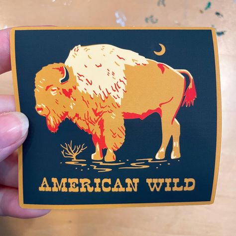 American Wild Bison Sticker by Caroline Clark Matte 3.5"x3" sticker that reads "American Wild" Features the image of a bison (or buffalo, if you prefer). American Traditional Bison Tattoo, Cute Bison Drawing, Bison Doodle, Buffalo Illustration, Western Core, Tongue Split, American Bison Art, Customizing Clothes, Western Stickers