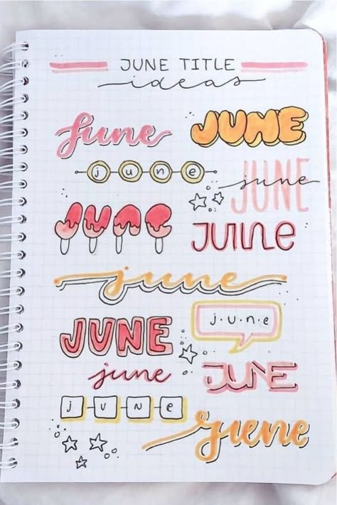 If you're looking a way to start of your bullet journal spreads and pages for June, check out these collection of June-themed headers and titles for inspiration! Bujo Headers, June Bujo, June Bullet Journal, Journal Headers, Bullet Journal Titles, Bullet Journal Headers, Bullet Journal Font, Journal Fonts, 15 June