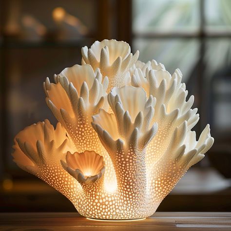 Introducing the “Coral Breeze” lamp: Inspired by the delicate beauty of coral formations, this lamp features a base mimicking the texture and hues of underwater reefs, adding a touch of coastal charm to any space. Conceptual AI Art Follow @ecosapiens for more! Origami Structure, Ceramics Lamp, Ceramic Light Fixture, Ceramic Coral Reefs, Beach Objects, Diy Coral, Clay Lamp, Sea Inspiration, Organic Table