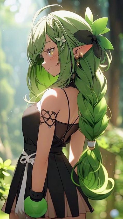 Green Hair Anime Woman, Beautiful Anime Woman, Full Body Anime, Anime Green Hair, Vr Anime, Green Hair Girl, Female Ninja, Medieval Artwork, Anime Woman