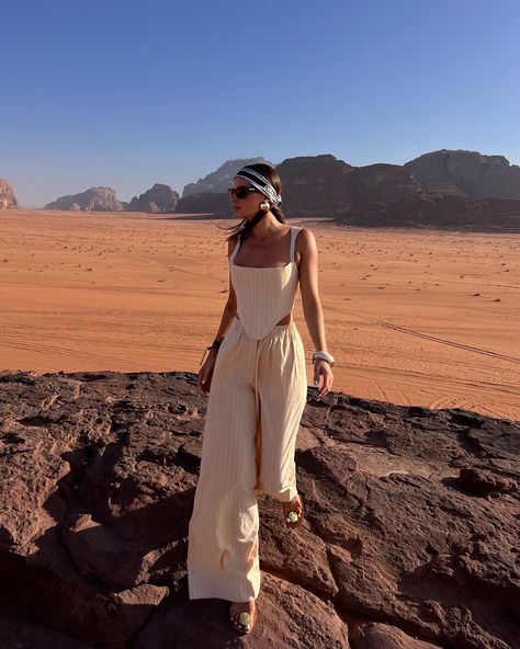 Desert Rose #desert #jordan #rose #desertrose #dior #style #daily #travel | Instagram post from Zina Charkoplia (@zinafashionvibe) Desert Camping Outfit, Travel Instagram Post, Jordan Rose, Desert Outfit, Rose Outfit, Dior Style, Desert Dream, Trip Outfits, Camping Outfits