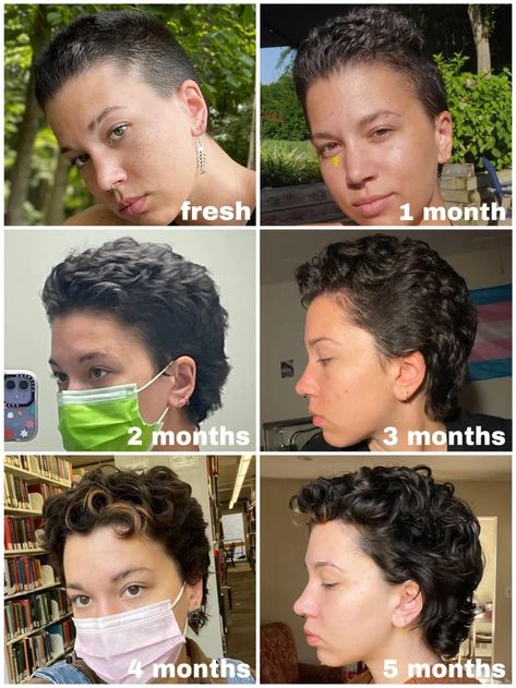 Buzzed Curly Hair, Shaved Hair Growing Out, Buzzcut Curly Hair, Hairstyles For Growing Out Shaved Head, Growing Out Shaved Head, Buzz Cut Curly Hair, Overgrown Buzzcut, Buzzcut Grow Out Stages, Pixie Grow Out Style