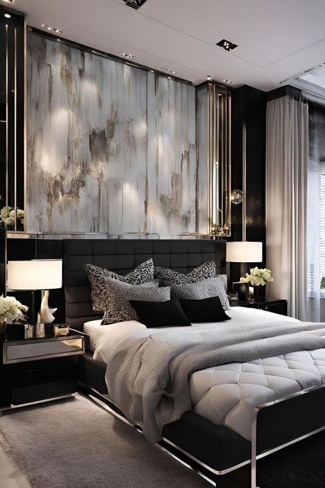 Black Chic Bedroom, Rich Aesthetic Bedroom, Bedroom Focal Wall Ideas, Luxury Small Bedroom Design, Luxury Small Bedroom, Elegant Small Bedroom, Black Decor Ideas, How To Arrange Furniture, Modern Black Bedroom