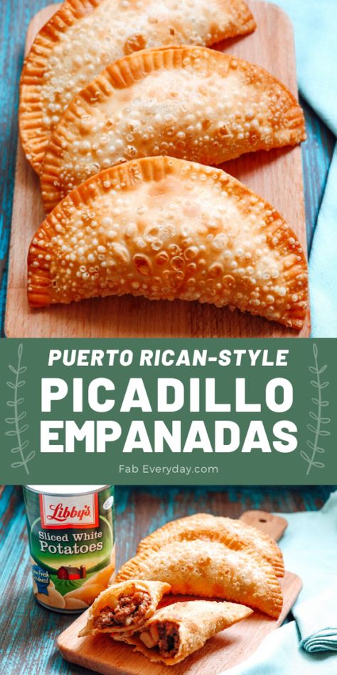 An adaptation of one of my family’s Puerto Rican recipes: shortcut Puerto Rican beef empanadas! These Puerto Rican picadillo empanadas are filled with a rich Puerto Rican-style ground beef and potato hash. Using Libby’s Sliced White Potatoes makes the prep a lot quicker and easier. Click or visit FabEveryday.com to recreate the recipe year-round and learn more about Libby’s Vegetables. This post is sponsored by Libby’s Vegetables. #ad #LibbysInternationalTable #LibbysRecipes Beef Empanadas Recipe Puerto Rican, Picadillo Recipe Puerto Rican, Puerto Rican Empanadas Recipe, Empanadas Puerto Rican, Empanadas Recipe Puerto Rican, Puerto Rican Picadillo Recipe, Puerto Rican Picadillo, Picadillo Empanadas, Puerto Rican Empanadas