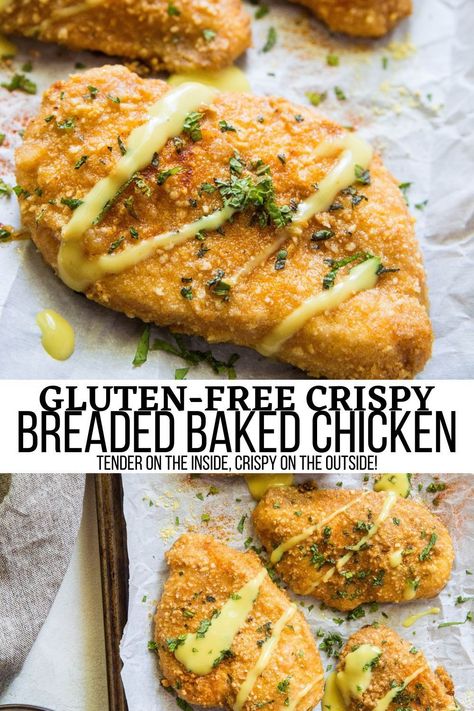 This Gluten-Free Baked Breaded Chicken recipe results in delicious crispy on the outside, tender on the inside juicy chicken breasts. In addition to baking instructions, this recipe includes instructions for pan-fried breaded chicken using a skillet. #chicken #healthy #dinner Gluten Free Crusted Chicken, Gf Breaded Chicken, Gluten Free Chicken Francaise Recipe, Gluten Free Baked Chicken Recipes, Gluten Free Panko Chicken, Chicken Breast Recipes Gluten Free, Paleo Chicken Breast Recipes, Gluten Free Chicken Breast Recipes, Gastro Diet