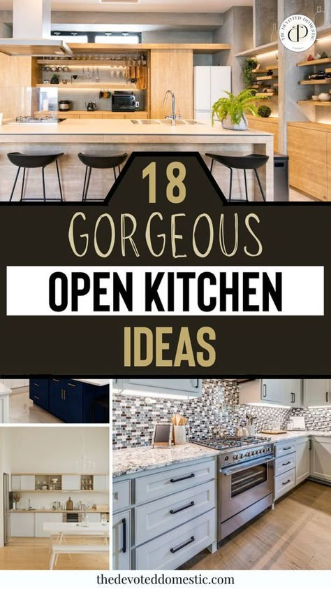 Ready to have the most GORGEOUS open kitchen design that ALL designers approve of? Learn 18 open kitchen ideas, for example open kitchen layout, colors, materials & more! 9x9 Kitchen, Big Open Kitchen, Open Concept Kitchen Living Room Layout, Open Kitchen Ideas, Small Open Kitchens, Open Kitchen Cabinets, Open Kitchen Design, Open Kitchen Layouts, Kitchen Layouts With Island