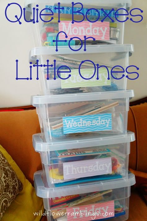 Quiet Boxes for Little Ones from Wildflower Ramblings Quiet Boxes, Quiet Time Boxes, Timmy Time, Quiet Time Activities, Busy Boxes, Quiet Activities, Busy Bags, Time Activities, Toddler Learning Activities