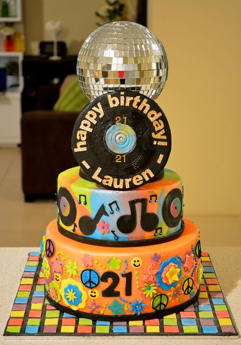 70's Hippy/disco Birthday Cake :) Chocolate mud filled cake layers. Disco Birthday Cake, 70s Theme Birthday, 70s Cake, Sugar Free Pastries, 60th Cake, Birthday Disco, Disco Cake, 70s Party Theme, 70's Party