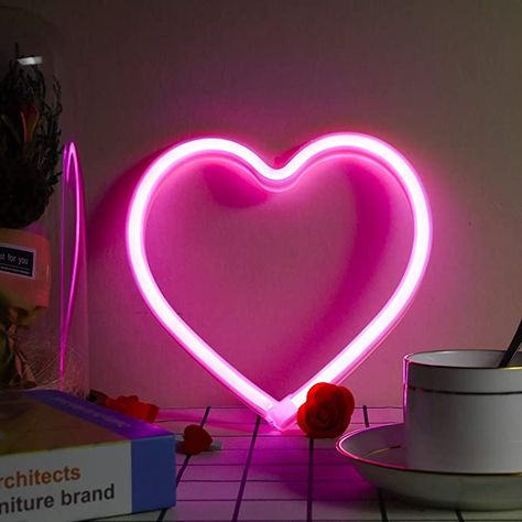 Heart Neon Sign, Neon Heart Light, Heart Neon, Neon Lights Bedroom, Solar Christmas Lights, Pink Neon Sign, Neon Decor, Table Wall, Heart Lights