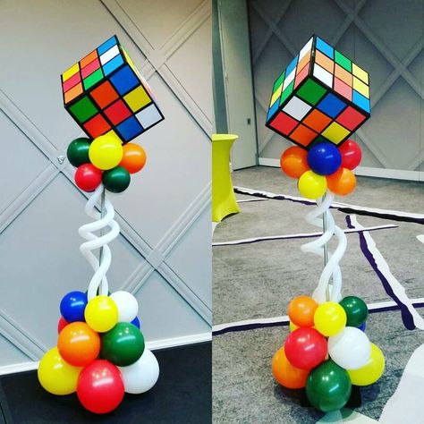 Rubix Cube Party Decorations, Rubix Cube Birthday Party Ideas, Rubiks Cube Birthday Party Ideas, Rubix Cube Birthday, Rubix Cube Party, Rubicks Cube, Balloon Tower, Las Vegas Party, Harry Birthday