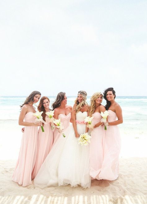 Light Pink Beach Wedding, Whimsical Beach Wedding, Beach Wedding Color Palette, Pink Beach Wedding, Bridesmaid Dresses Beach, Beach Celebration, Outdoor Bridesmaid Dresses, Beach Wedding Pink, Light Pink Bridesmaid Dresses