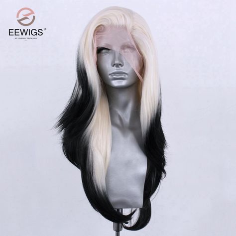 ombre black white synthetic wig 13x4 Lace Front Wig Black And Blonde Lace Front Wig, Long Black And White Hair, Black And Blonde Wig, Unusual Hair Colors, Black And White Wig, Black Hair Ombre, Reverse Ombre, Colored Weave, Blonde Ponytail