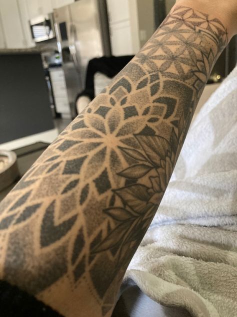 Dot Work Mandala Tattoo Sleeve, Dotwork Stomach Tattoo, Elbow Dot Work Tattoo, Stipple Mandala Tattoo, Dotted Flower Tattoo, Dotwork Ornamental Tattoo, Dot Work Butterfly Tattoo, Dot Work Sleeve Tattoo, Mandala Dot Tattoo