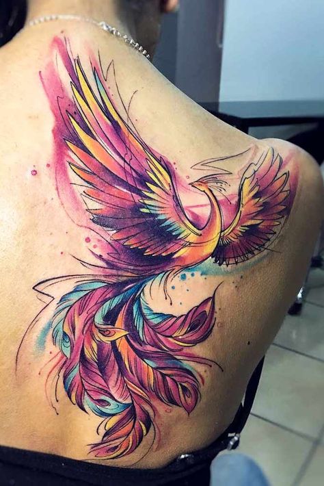 Pink Watercolor Phoenix Tattoo Design #shouldertattoo #watercolortattoo #watercolorphoenixtattoo Watercolor Phoenix Tattoo, Tato Phoenix, Tatuaje Trash Polka, Tattoo Modern, Phoenix Tattoo Feminine, Phoenix Bird Tattoos, Phönix Tattoo, Phoenix Tattoo Design, Shape Tattoo