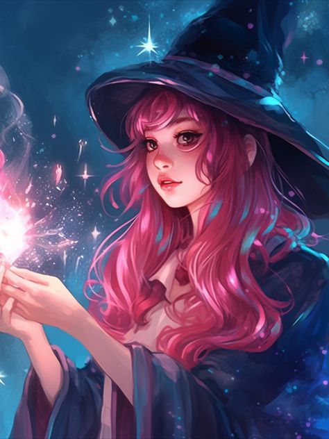 Pink Haired Witch Art, Pink Hair Witch Art, Pink Haired Witch, Changeling Witch, Discord Aesthetic, Magic Dance, Oc Clothes, Fantasy Short Stories, Pink Witch