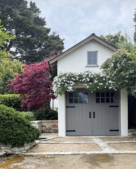 Garage In Front Of House Curb Appeal, French Cottage Landscaping, Garage Trellis, Carriage House Garage, Home Exterior Makeover, Cottage Exterior, Exterior Makeover, Exterior Paint Colors, Cabins And Cottages