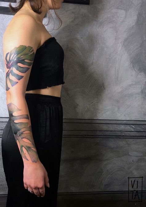 Monstra Tattoo, Monstera Back Tattoo, Monstera Tattoo Thigh, Monstera Vine Tattoo, Variegated Monstera Tattoo, Monstera Plant Tattoo Shoulder, Monstera Tattoo Design, Black Monstera Tattoo, Monstera Leaf Tattoo