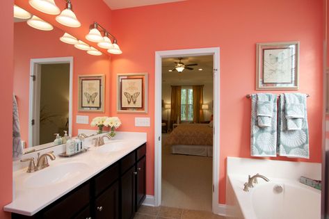 12 Fantastic Salmon And Black Bathroom Color Schemes Photos -  -  Check more at https://color-combination.com/12-fantastic-salmon-and-black-bathroom-color-schemes-photos/ Bright Bathroom Paint Colors, Bright Color Bathroom, Bright Bathroom Colors, Modern Bathroom Paint, Bright Colored Bathrooms, Modern Bathroom Colours, Coral Bathroom Decor, Coral Bathroom, Pastel Bathroom