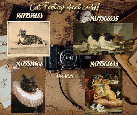 I made this decals, i hope y'all like them!! 😸 Camera Decal Bloxburg, Bloxburg Victorian Painting Decals, Roblox Vintage Decals, Bloxburg Portrait Codes, Decals Bloxburg Painting, Cat Bloxburg Decals, Painting Decal Codes, Cat Decals Bloxburg, Victorian Decals Bloxburg