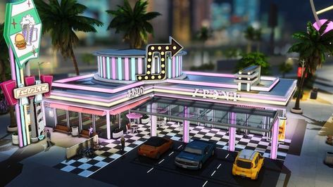 50s diner - The Sims 4 no cc speed build - Del Sol Valley - plumbobkingdom Sims 4 Restaurant, Home Gel Nails, Sims 4 No Cc, 50s House, Lotes The Sims 4, The Sims 4 Lots, 50s Diner, Sims 4 Cas Mods, Sims 4 House Building