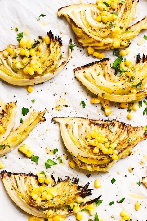 Plant-Based and Gluten-Free Mains from Sher Castellano Cabbage Wedges, Roasted Cabbage Wedges, Roasted Cabbage, Lime Vinaigrette, Corn Recipe, Pasta Salad Recipes, Sweet Corn, Vegetarian Recipes Healthy, Healthy Vegetarian