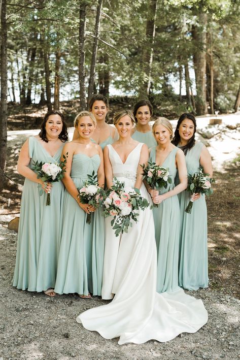 Mint and Blush Appalachian Mountain Wedding in Maine | Photography by Mint Bridesmaids Dresses, Bridemades Bouquet, Mint Green Dresses Bridesmaid, Mint And Blush Wedding, Mint Green Bridesmaid Dress, Green And Purple Bridesmaid Dresses, Bridesmaid Green Dresses, Mint Bridesmaid Dresses Long, Mint Wedding Theme