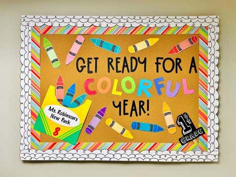 Bulletin Board Ideas For School September, Crayon Welcome Bulletin Board, Crayon Back To School Bulletin Board, Beginning Of The Year Door Ideas, Get Ready For A Colorful Year Bulletin, Crayons Bulletin Board Ideas, Up Movie Bulletin Board Ideas, August Preschool Bulletin Boards, Crayon Bulletin Board Preschool