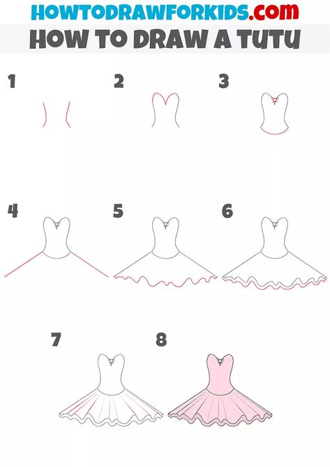 Ballet Drawings Easy Step By Step, Easy Drawings Dresses Step By Step, Dress Drawing Easy Step By Step, Ballet Tutu Drawing, How To Draw A Tutu, Ballerina Dress Drawing, Ballet Dress Drawing, How To Draw Dresses Step By Step, How To Draw A Ballerina