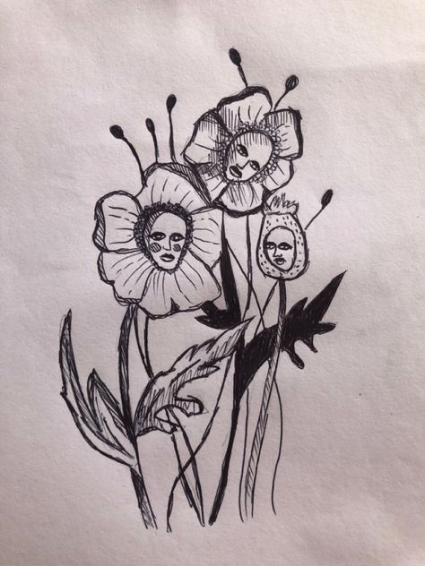 Flowers With Faces Drawing, Hippie Sketches Doodles, Hippy Sketches, Scary Drawings, Pencil Drawings For Beginners, Arte Grunge, Doodle Art Drawing, Quirky Art, Beauty Art Drawings