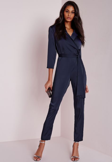 Silky Wrap Shirt Romper Navy Jumpsuit Outfit Wedding, Bridesmaid Jumpsuit, Bridesmaids Jumpsuits, Shirt Jumpsuit, Jump Suits, Kimono Pajamas, Shirt Style Tops, Jumpsuit Blue, Satin Jumpsuit