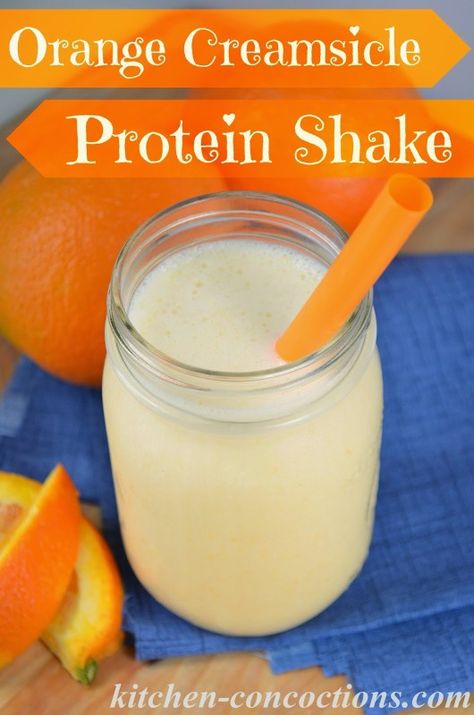 Orange Creamsicle Protein Shake - Kitchen Concoctions 310 Shake Recipes, Pancakes Protein, Premier Protein Shakes, Protein Smoothies, Protein Shake Smoothie, Protein Smoothie Recipes, Premier Protein, Protein Powder Recipes, Healthy Shakes