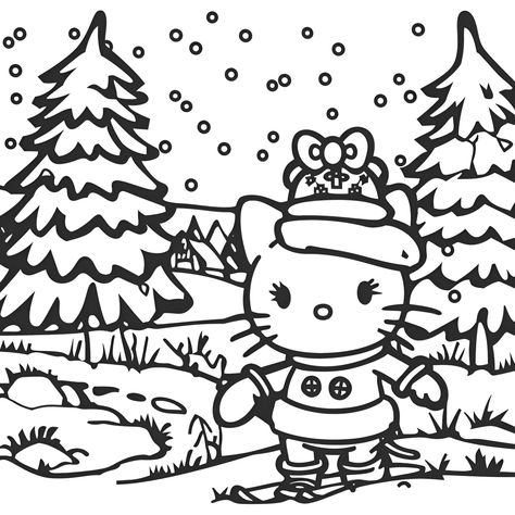 Hello Kitty playing in the snow (free printable PDF black-and-white line drawing coloring page suitable for all, from beginners to advanced learners, including children, teens, adults, and seniors) Scene Hello Kitty, Hello Kitty Coloring Pages, Kitty Coloring Pages, Transformers Coloring Pages, Hello Kitty Colouring Pages, Coloring Pages Winter, Minecraft Coloring Pages, Mario Coloring Pages, Kitty Coloring