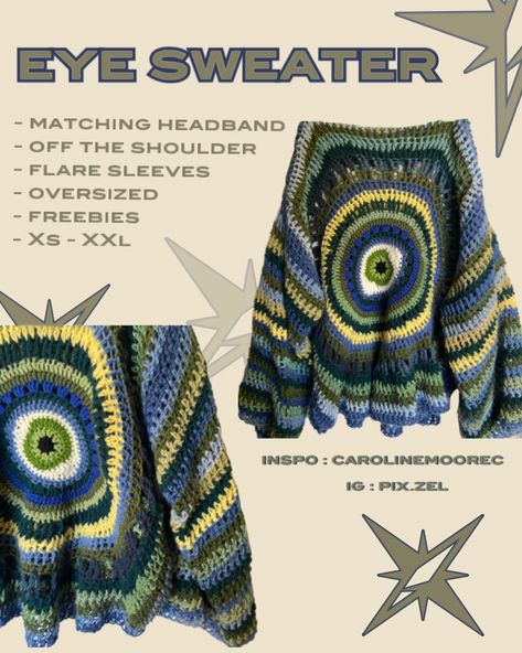 Crochet Clothes For Guys, Eye Sweater Crochet Pattern, Trendy Crochet Clothes Patterns, Crochet Patterns Grunge, Croching Ideas Aesthetic, Crochet Eye Sweater Pattern Free, Edgy Crochet Clothes, Crochet Ideas Clothes Winter, Evil Eye Crochet Sweater